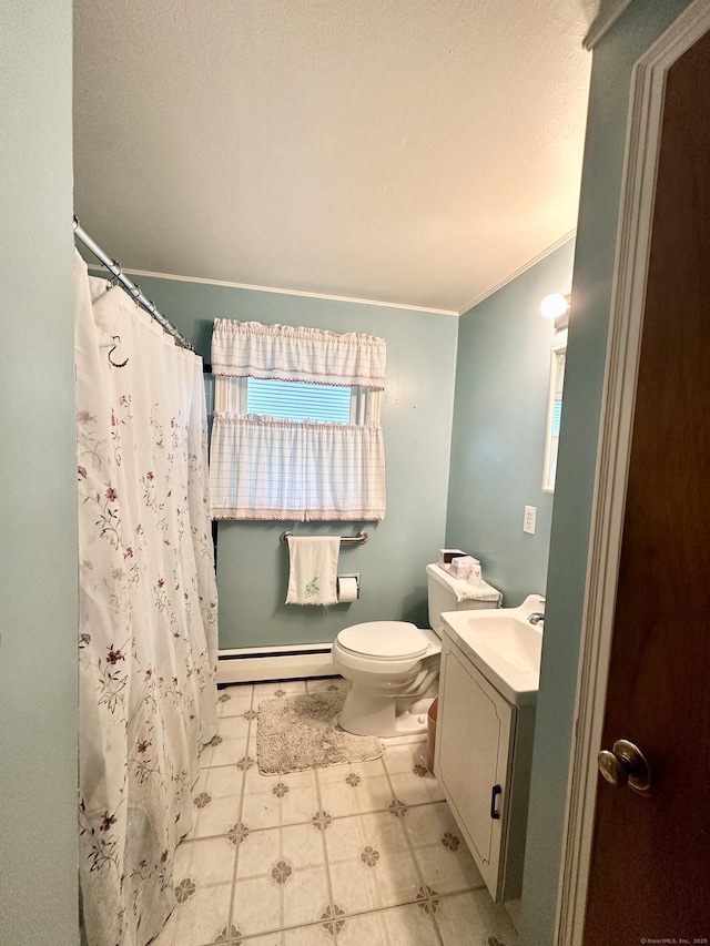 52 Midland Rd, Windsor Locks, CT 06096 - full bath with a baseboard heating unit, vanity, tile patterned floors, a shower with shower curtain, and crown molding