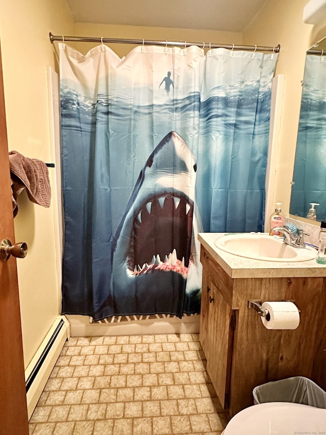 52 Midland Rd, Windsor Locks, CT 06096 - full bathroom featuring a baseboard radiator, vanity, a shower with shower curtain, and brick patterned flooring