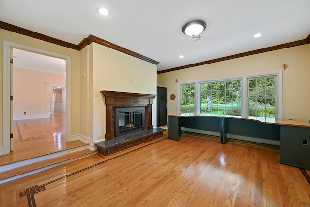 9 Old Logging Rd, Stamford, CT 06903 - unfurnished living room featuring ornamental molding, wood finished floors, a premium fireplace, a baseboard radiator, and recessed lighting