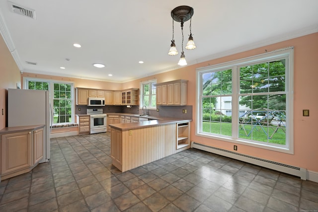 9 Old Logging Rd, Stamford, CT 06903 - kitchen featuring crown molding, a baseboard heating unit, white appliances, a peninsula, and dark stone finish flooring