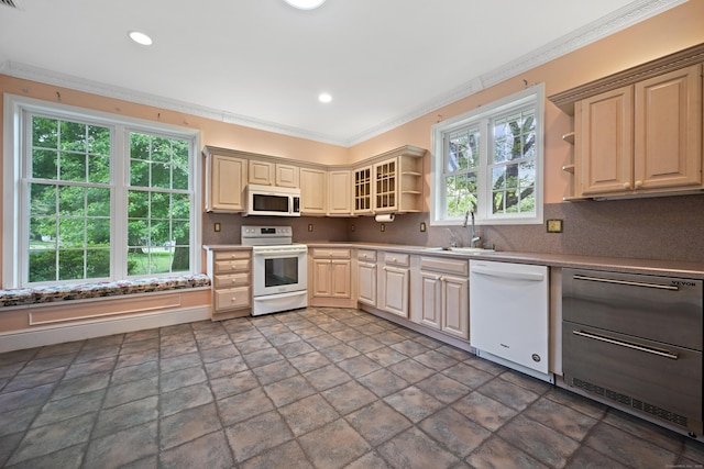 9 Old Logging Rd, Stamford, CT 06903 - kitchen with open shelves, ornamental molding, white appliances, stone tile flooring, and tasteful backsplash