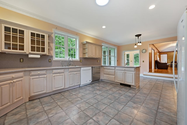 9 Old Logging Rd, Stamford, CT 06903 - kitchen with open shelves, a peninsula, ornamental molding, white appliances, and decorative backsplash