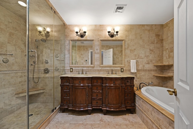 9 Old Logging Rd, Stamford, CT 06903 - full bathroom featuring tile walls, double vanity, a stall shower, and a garden tub