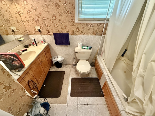 17 Ohear Ave, Enfield, CT 06082 - full bath featuring tile patterned floors, tiled shower / bath combo, vanity, a wainscoted wall, and wallpapered walls