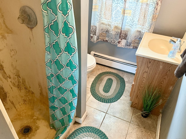 17 Ohear Ave, Enfield, CT 06082 - bathroom featuring baseboard heating, a shower with curtain, vanity, and tile patterned floors
