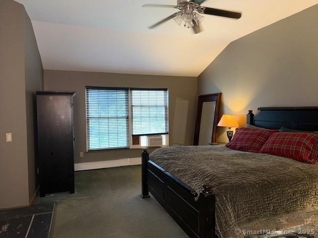 67 Bergendahl Dr, Griswold, CT 06351 - carpeted bedroom with lofted ceiling and a ceiling fan