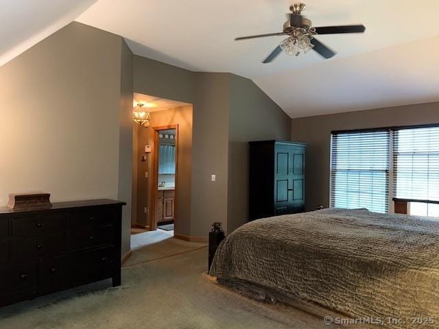 67 Bergendahl Dr, Griswold, CT 06351 - bedroom featuring vaulted ceiling, light carpet, and ceiling fan