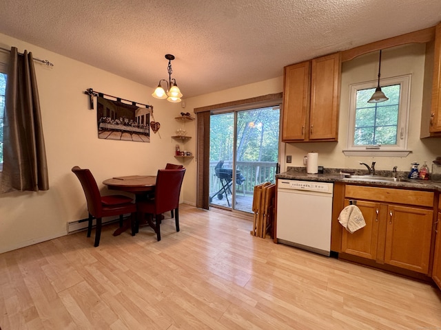92 Cynthia Ln Apt E1, Middletown, CT 06457 - kitchen featuring a chandelier, white dishwasher, dark countertops, brown cabinets, and a textured ceiling