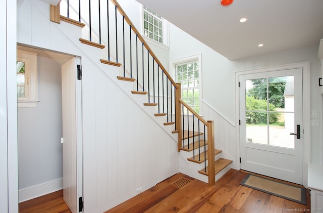 65 Water St, Guilford, CT 06437 - foyer featuring wood finished floors, stairway, and recessed lighting