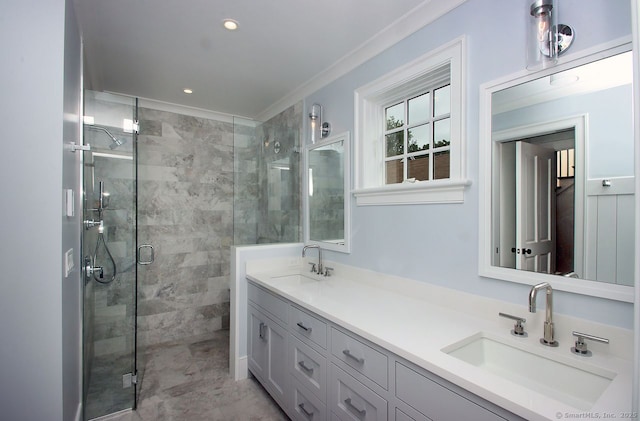 65 Water St, Guilford, CT 06437 - full bathroom with a shower stall, double vanity, crown molding, and recessed lighting