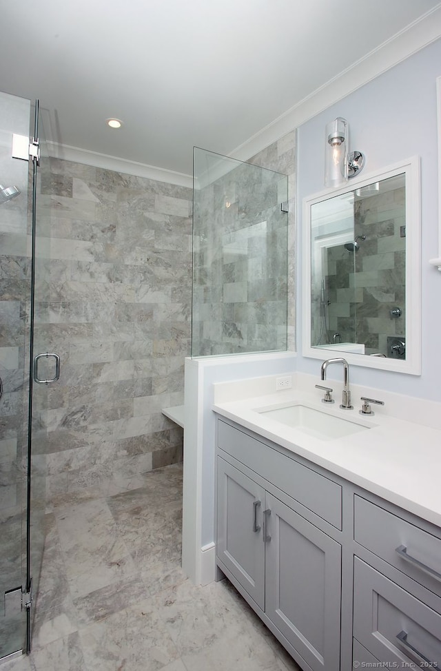 65 Water St, Guilford, CT 06437 - bathroom featuring ornamental molding, a stall shower, and vanity