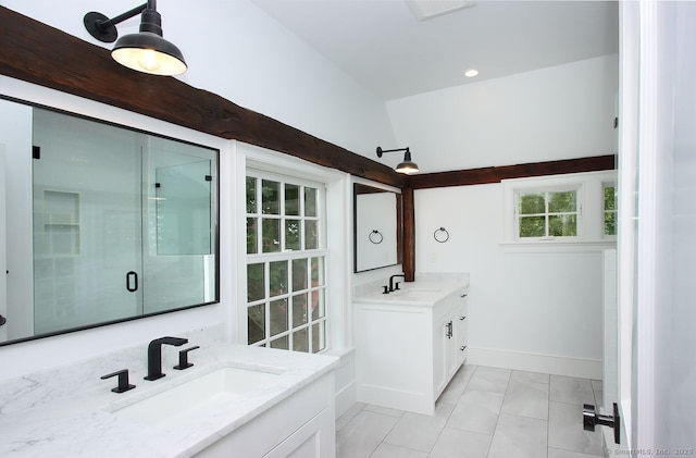 65 Water St, Guilford, CT 06437 - full bathroom featuring two vanities, a stall shower, and lofted ceiling