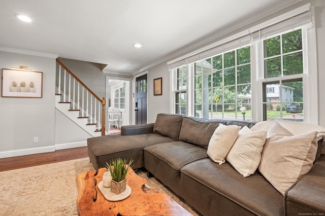 73 Water St, Glastonbury, CT 06073 - living area featuring ornamental molding, wood finished floors, stairs, and recessed lighting