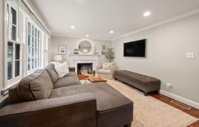 73 Water St, Glastonbury, CT 06073 - living room with crown molding, wood finished floors, recessed lighting, and a fireplace