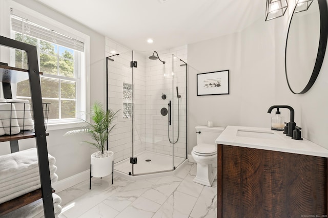 73 Water St, Glastonbury, CT 06073 - full bathroom with marble look tiles, vanity, healthy amount of natural light, a stall shower, and recessed lighting