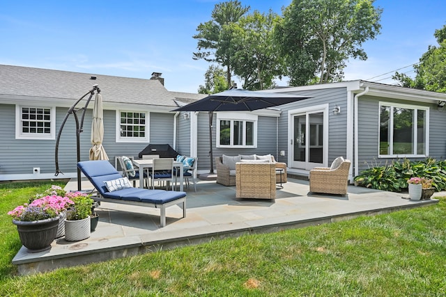 68 William St, Norwalk, CT 06851 - back of house featuring outdoor lounge area, a chimney, and a patio