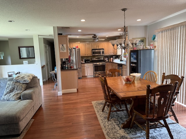 300 Foxon Hill Rd, East Haven, CT 06513 - dining room featuring wood finished floors, recessed lighting, a ceiling fan, a textured ceiling, and a chandelier