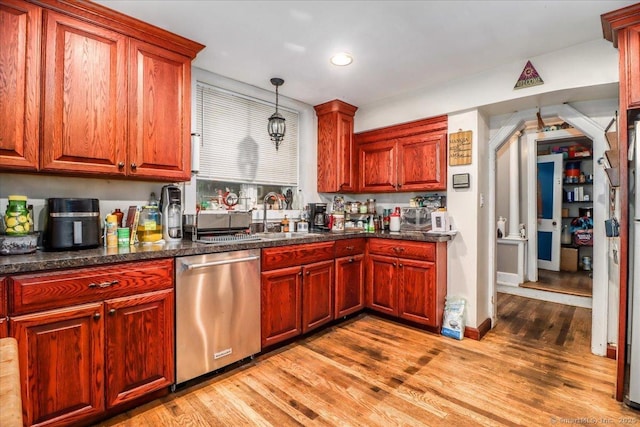 52 Hudson Dr, New Fairfield, CT 06812 - kitchen featuring stainless steel dishwasher, light wood-style flooring, dark countertops, pendant lighting, and recessed lighting