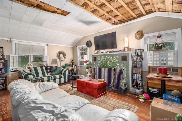 52 Hudson Dr, New Fairfield, CT 06812 - living area featuring wood finished floors, lofted ceiling, and ornamental molding