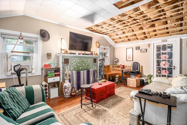 52 Hudson Dr, New Fairfield, CT 06812 - living area featuring wood finished floors, vaulted ceiling, and crown molding
