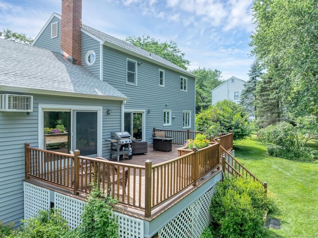 35 Pheasant Ln, Ridgefield, CT 06877 - wooden terrace with a lawn, area for grilling, and a wall mounted air conditioner