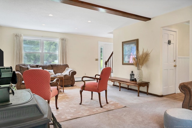 35 Pheasant Ln, Ridgefield, CT 06877 - living room featuring light carpet, stairway, recessed lighting, and beamed ceiling