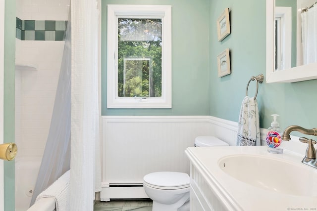 35 Pheasant Ln, Ridgefield, CT 06877 - full bath featuring a baseboard radiator, a wainscoted wall, shower / tub combo with curtain, and vanity