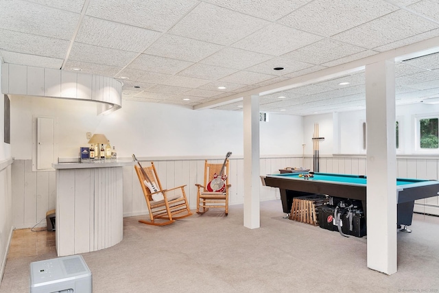 35 Pheasant Ln, Ridgefield, CT 06877 - rec room with pool table, carpet flooring, a wainscoted wall, a dry bar, and a drop ceiling
