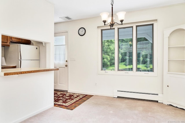 35 Pheasant Ln, Ridgefield, CT 06877 - unfurnished dining area with a baseboard heating unit, a chandelier, and carpet flooring