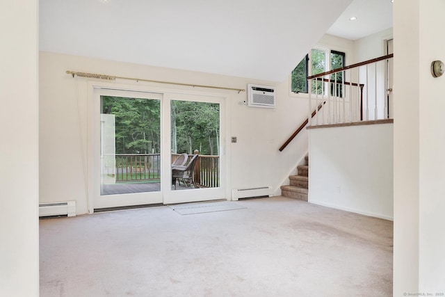 35 Pheasant Ln, Ridgefield, CT 06877 - unfurnished living room with carpet, stairway, a baseboard heating unit, an AC wall unit, and recessed lighting