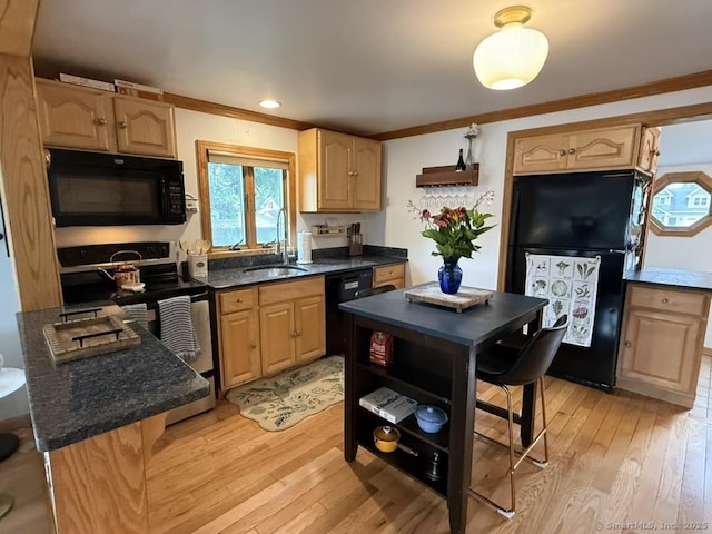 19 Hartford Ave, Old Saybrook, CT 06475 - kitchen with black appliances, light brown cabinets, ornamental molding, light wood-type flooring, and recessed lighting