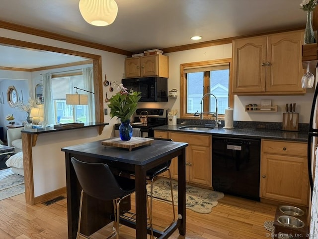 19 Hartford Ave, Old Saybrook, CT 06475 - kitchen featuring crown molding, black appliances, light wood-style flooring, light brown cabinetry, and recessed lighting