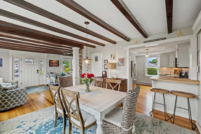 8 Fenbrook Rd, Old Saybrook, CT 06475 - dining area featuring light wood finished floors, beam ceiling, decorative columns, and baseboard heating