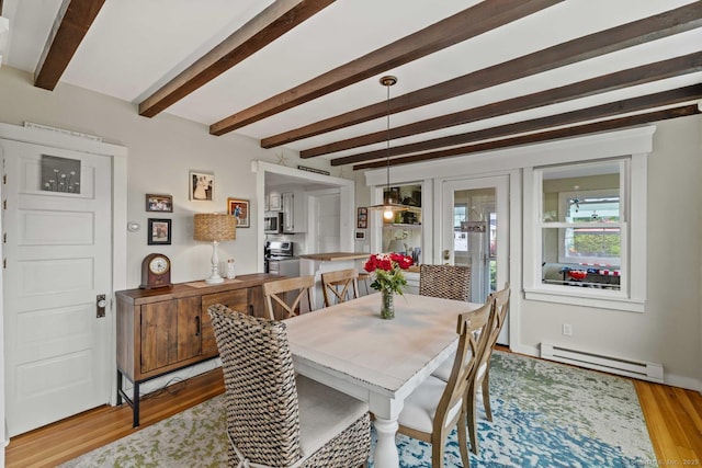 8 Fenbrook Rd, Old Saybrook, CT 06475 - dining room with baseboard heating, beam ceiling, light wood-style flooring, and french doors
