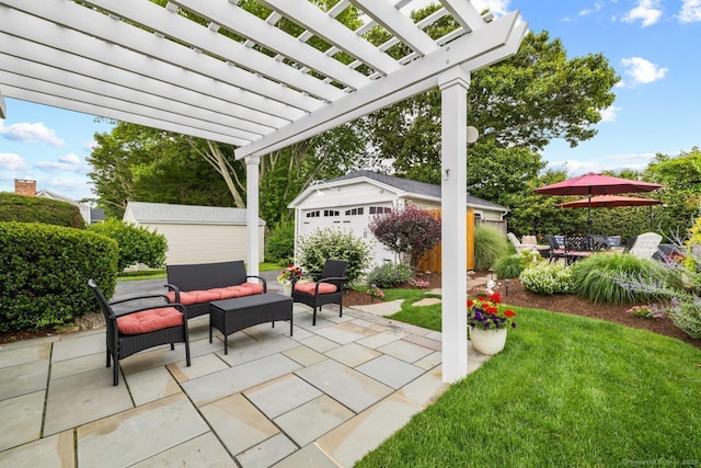 8 Fenbrook Rd, Old Saybrook, CT 06475 - view of patio with an outdoor living space, an outbuilding, and a pergola