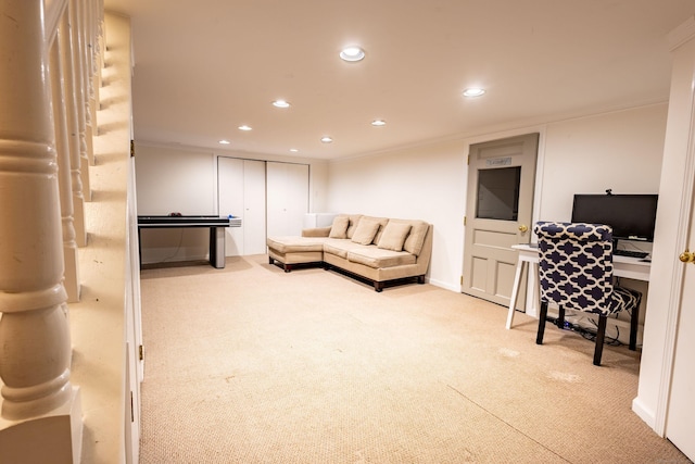 336 Main St, Wethersfield, CT 06109 - living room featuring carpet flooring, recessed lighting, ornamental molding, and a desk