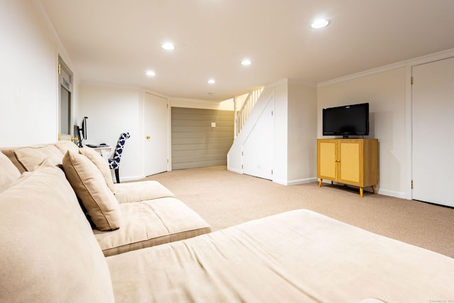336 Main St, Wethersfield, CT 06109 - living room with stairs, recessed lighting, crown molding, and light colored carpet