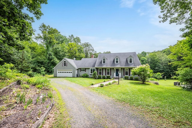 159 Woods Way Dr, Southbury, CT 06488 - cape cod house with driveway, a front lawn, an attached garage, a chimney, and a porch