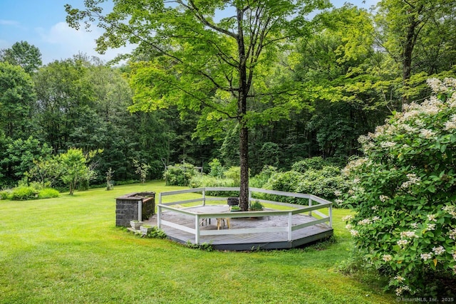 159 Woods Way Dr, Southbury, CT 06488 - surrounding community featuring a wooden deck, a lawn, and a wooded view