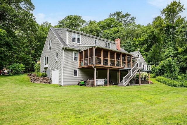 159 Woods Way Dr, Southbury, CT 06488 - back of property featuring a sunroom, a chimney, stairway, and a lawn