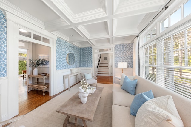 81 Birch Rd, Fairfield, CT 06824 - living room featuring wood finished floors, coffered ceiling, ornamental molding, beam ceiling, and wallpapered walls