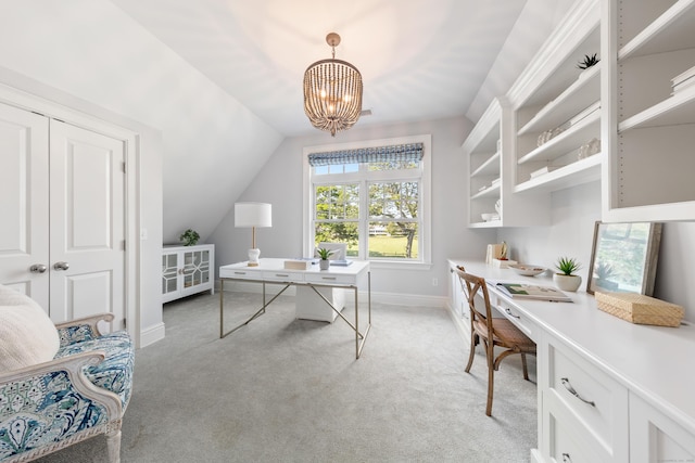 81 Birch Rd, Fairfield, CT 06824 - home office with light colored carpet, a chandelier, and lofted ceiling