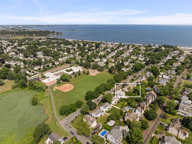 81 Birch Rd, Fairfield, CT 06824 - aerial view of residential area featuring a large body of water and property parcel outlined