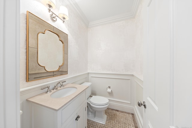 81 Birch Rd, Fairfield, CT 06824 - half bathroom featuring vanity, wainscoting, crown molding, and a decorative wall