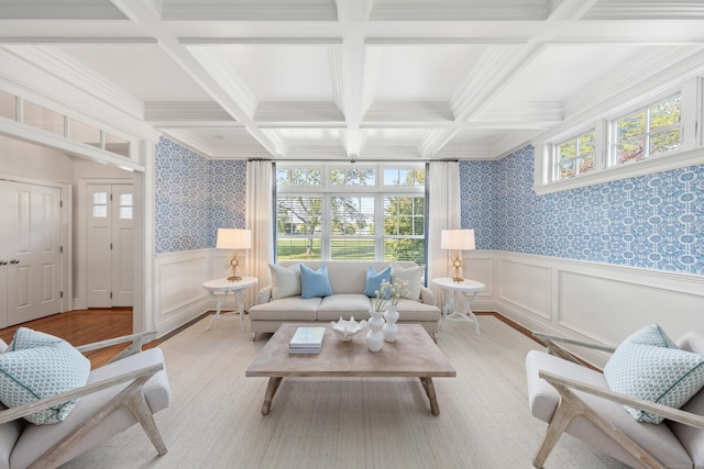 81 Birch Rd, Fairfield, CT 06824 - living area with healthy amount of natural light, light wood-type flooring, a decorative wall, beam ceiling, and wainscoting