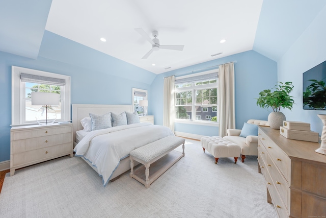 81 Birch Rd, Fairfield, CT 06824 - bedroom featuring lofted ceiling, multiple windows, a ceiling fan, and recessed lighting