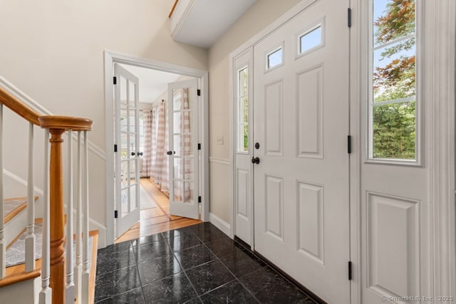 26 Philo Curtis Rd, Newtown, CT 06482 - entrance foyer with stairs, granite tiled floors, and french doors