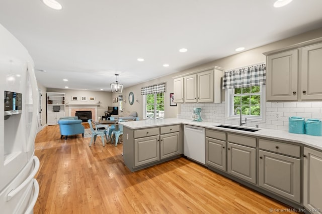 26 Philo Curtis Rd, Newtown, CT 06482 - kitchen featuring gray cabinets, white appliances, open floor plan, plenty of natural light, and recessed lighting