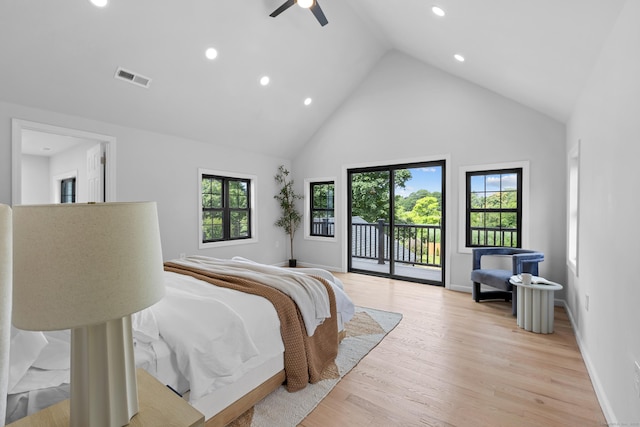 226 Ruane St, Fairfield, CT 06824 - bedroom featuring access to outside, high vaulted ceiling, recessed lighting, light wood-style flooring, and ceiling fan