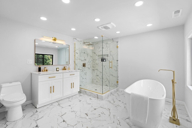 226 Ruane St, Fairfield, CT 06824 - full bath with recessed lighting, a marble finish shower, a freestanding bath, vanity, and marble finish floors
